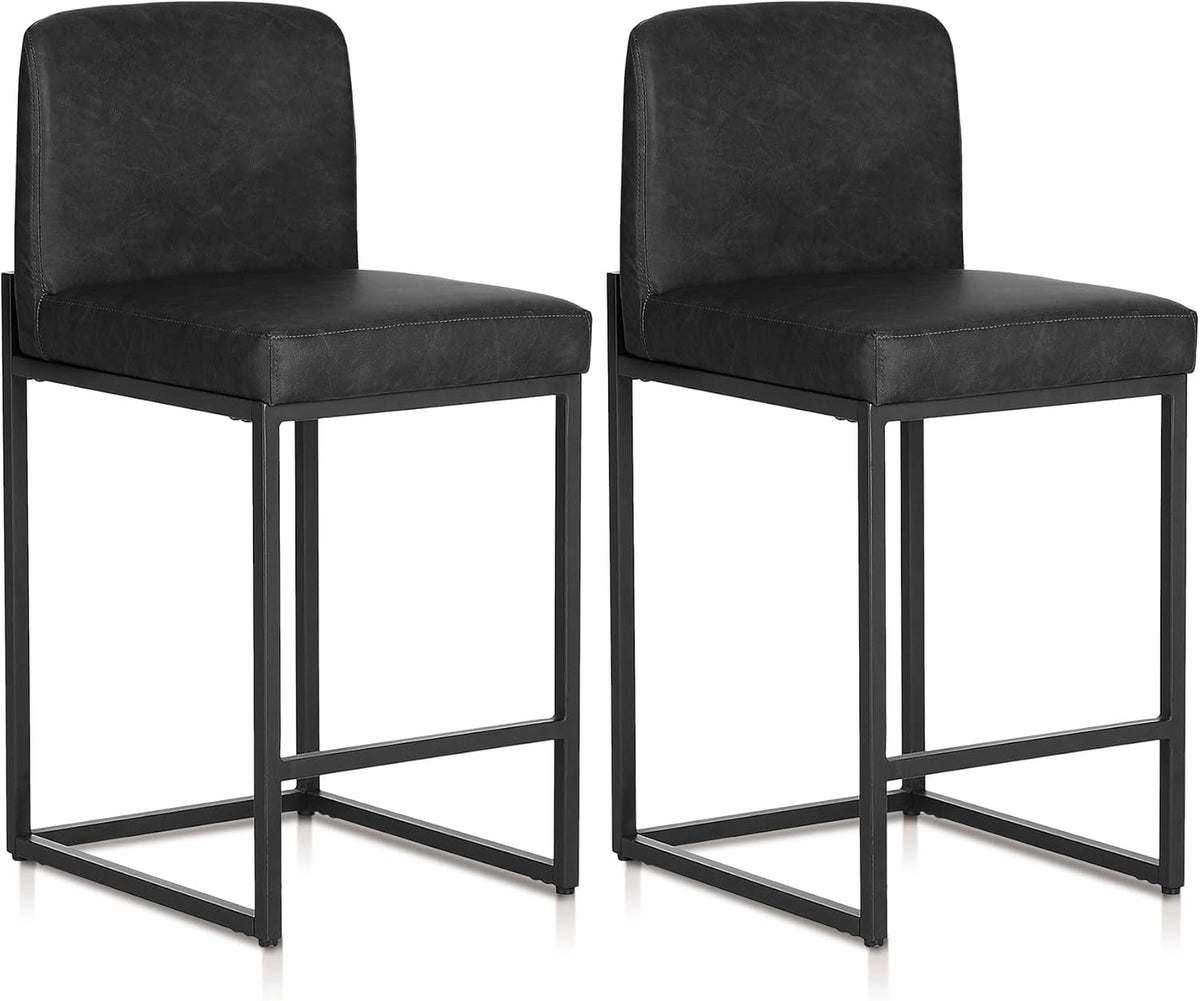 ALPHA HOME Bar Stool Set of 2 Bar Stools with Backrest, PU Leather, 2-Piece Set with Footrest for Countertop, Stable Metal Steel Frame, Black