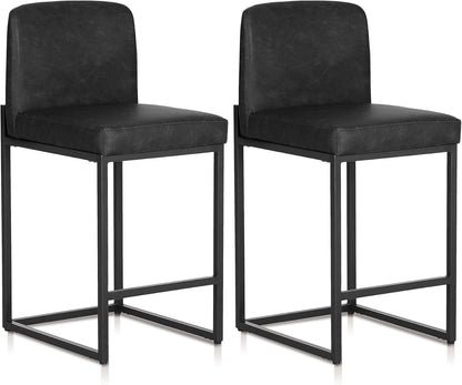 ALPHA HOME Bar Stool Set of 2 Bar Stools with Backrest, PU Leather, 2-Piece Set with Footrest for Countertop, Stable Metal Steel Frame, Black
