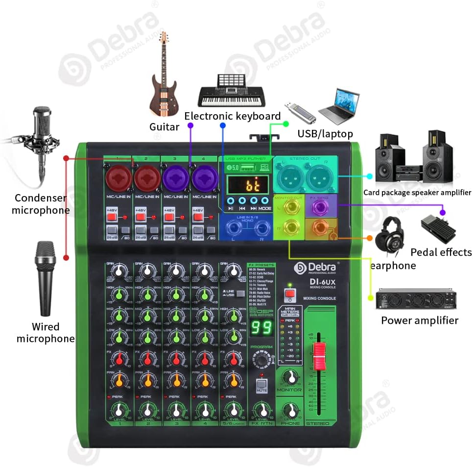 D Debra 6-Kanaals DJ Mixer, 99 DSP Effecten, USB/MP3 Ingang, 48V Fantoomvoeding, Ideaal voor DJ, Karaoke, Thuisstudio