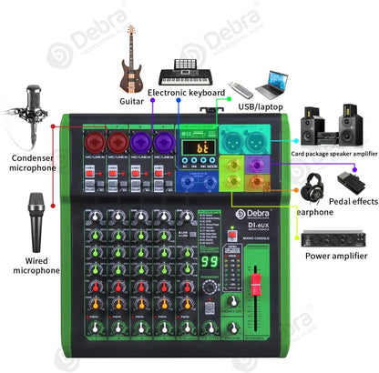 D Debra 6-Kanaals DJ Mixer, 99 DSP Effecten, USB/MP3 Ingang, 48V Fantoomvoeding, Ideaal voor DJ, Karaoke, Thuisstudio