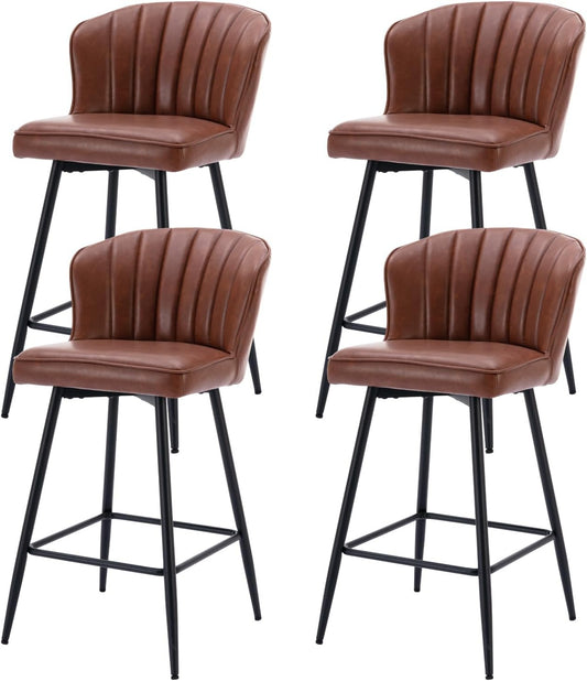 chairus Breakfast Bar Stools Set of 4 Kitchen Sink Stools, Modern Leather Bar Chairs with Metal Legs, Brown - QUORE