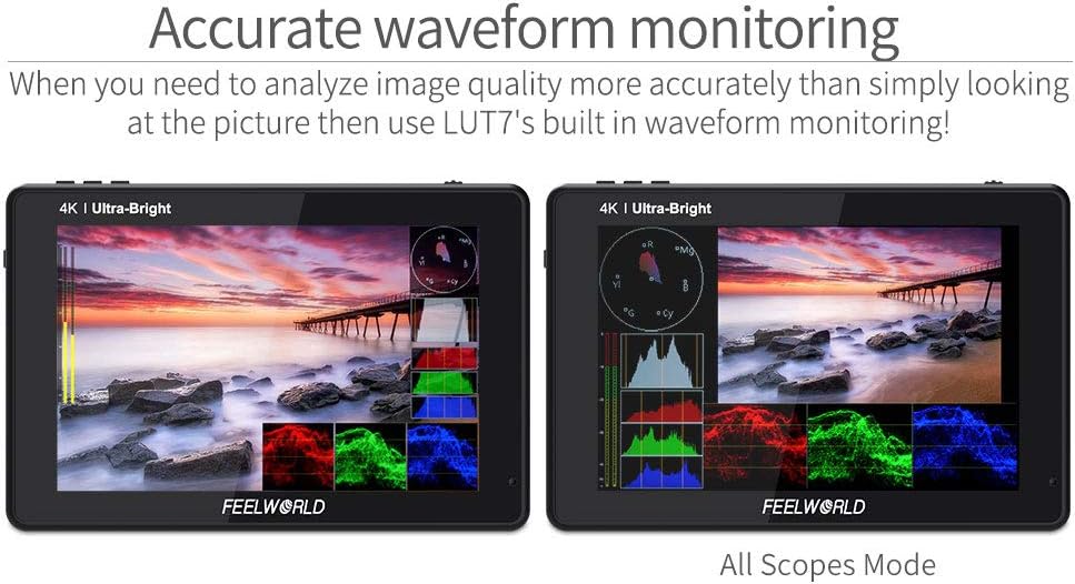 FEELWORLD LUT7S 2200Nits DSLR Camera Monitor 7 Inch TouchScreen Field Monitor with Light Sensor,3G-SDI & 4K HDMI Loop In/Out,3D LUTs,FHD 1920X1200 IPS,HDR Waveform,F970 Dual Battery Plate - QUORE