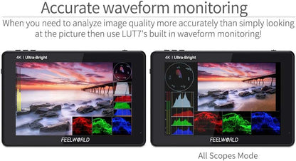 FEELWORLD LUT7S 2200Nits DSLR Camera Monitor 7 Inch TouchScreen Field Monitor with Light Sensor,3G-SDI & 4K HDMI Loop In/Out,3D LUTs,FHD 1920X1200 IPS,HDR Waveform,F970 Dual Battery Plate - QUORE
