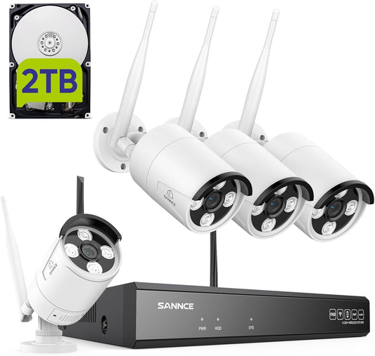 SANNCE Bewakingscameraset, 5MP 10CH Wireless NVR en 4X 3MP camera's voor buiten, WLAN bewakingscamerasysteem met 2TB harde schijf personenherkenning, ondersteunt Alexa