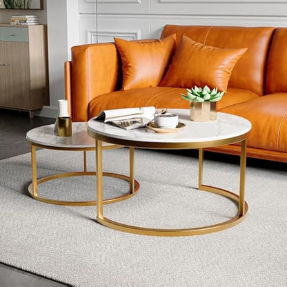 Ronde Salontafel – Bijzettafel – Nesting Tafel – Koffietafel – Woonkamer Tafel – Set van 2 – MDF en Massief Houten Blad – Goud Metaal Frame – Compact en Modulair Design