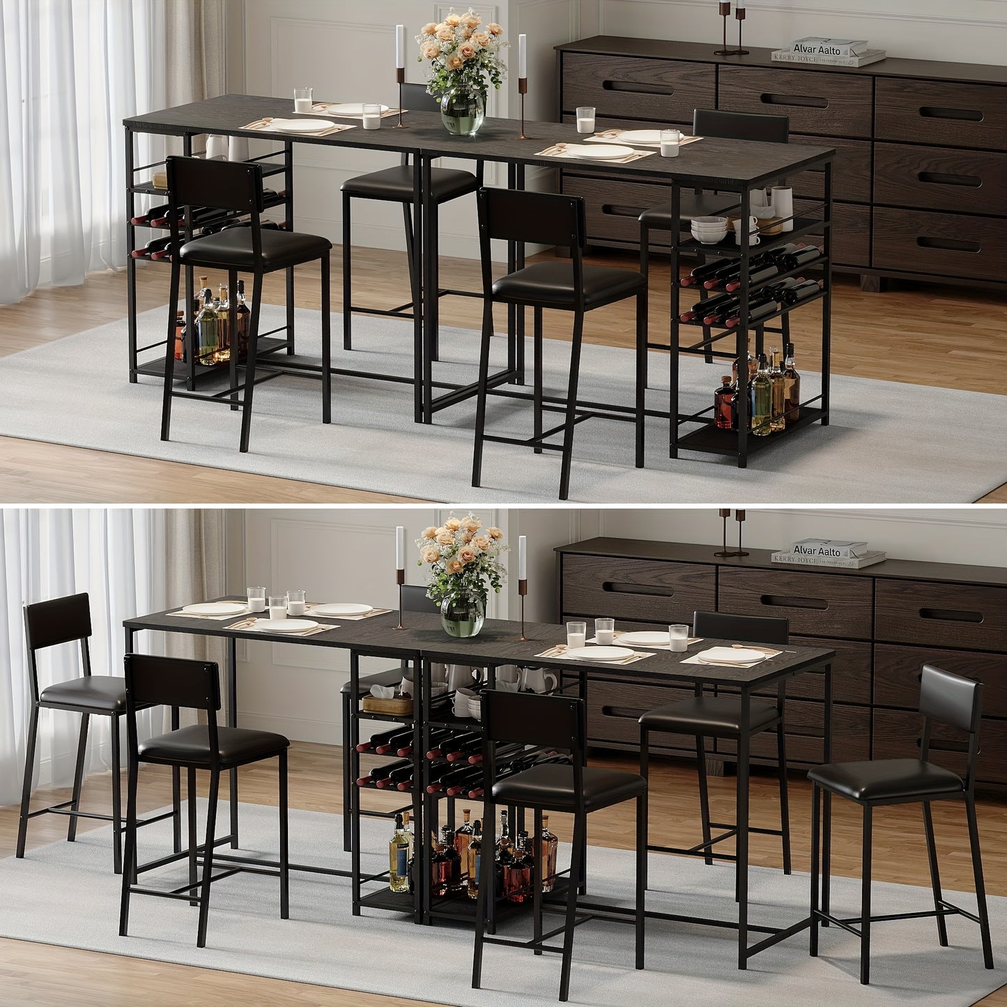 Compact Dining Table Set with 2 Upholstered Chairs - Space-Saving Kitchen Table and Chairs, Sturdy Metal Frame, for Small Apartments, Home, Cafe - Modern Minimalist Dining Room Furniture in Matte Black Finish, Dining Table wi