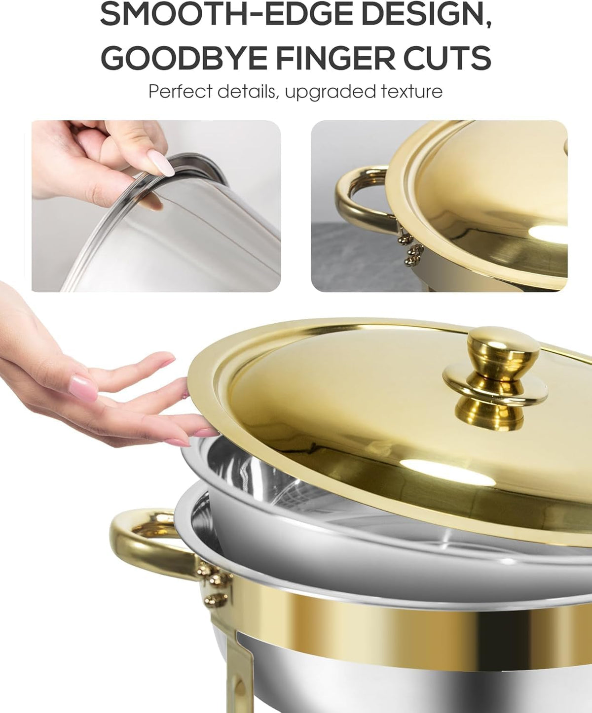 Gouden Chafing Dish Buffet Set 5L [Robuust en Eenvoudig te Monteren], 4-Pack Ronde Chafing Dishes, RVS Warmhoudbakken [Elegant Goud en Zilver], Voedselwarmer voor Catering Buffet en Elk Feest
