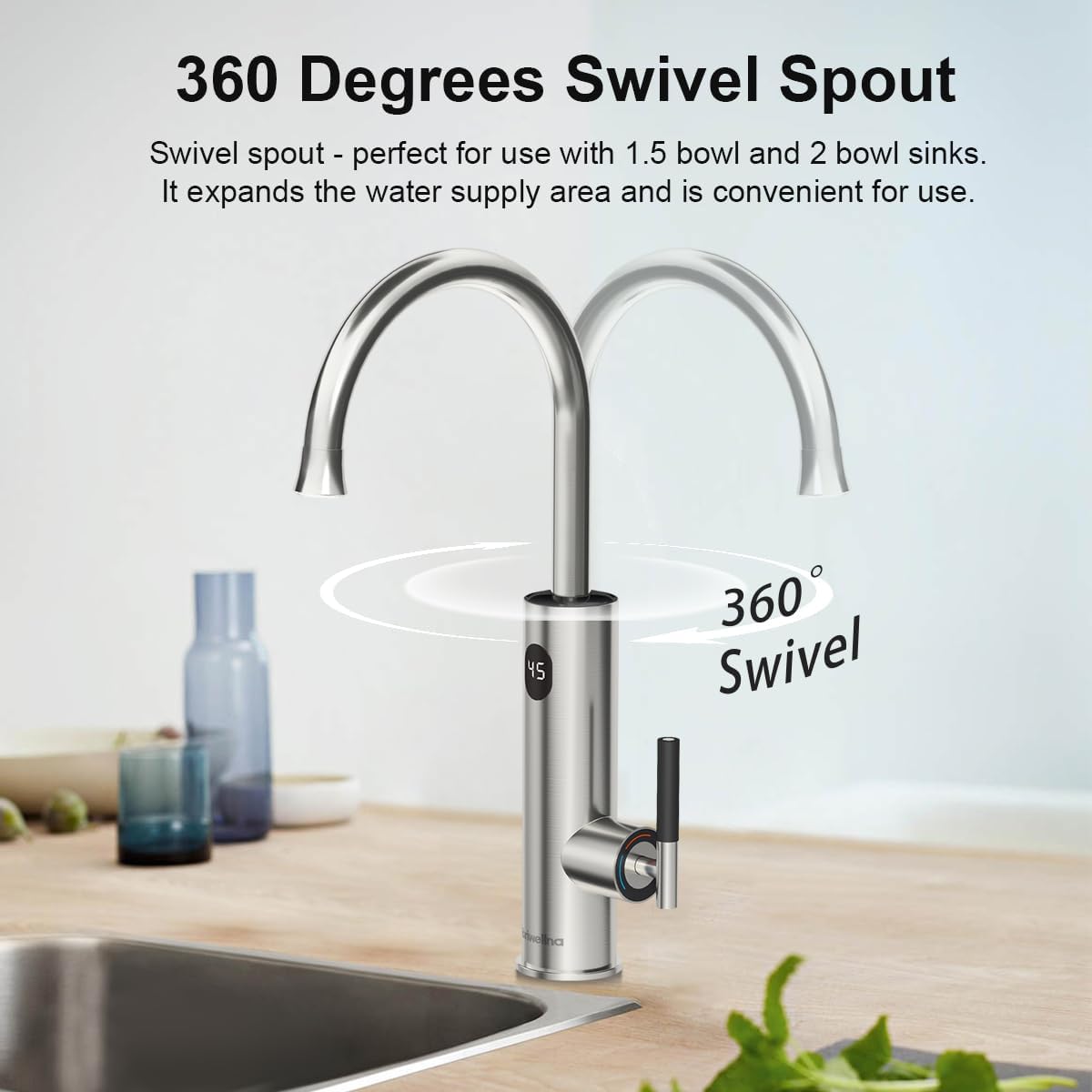 Elektrische waterkraan, 220 V, waterkraan met doorstroomboiler, 360 graden roteren en digitaal display, warmwaterkraan met universele sproeikop (zilver)