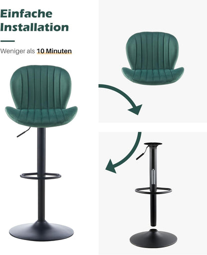 TUKAILAI Barkruk, set van 2 van fluweel, barstoel, in hoogte verstelbaar, 360 graden draaibaar, kruk met rugleuning, voetensteun, metalen frame, gevoerde keukenkruk, barstoel voor keukenbars, groen
