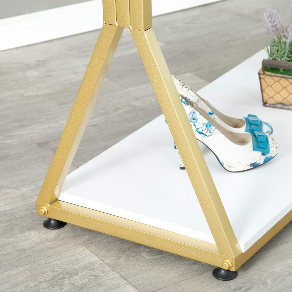Kledingrek – Garderoberek – Kledingstandaard – Hangrek – Vrijstaand Kledingrek Goudkleurig – Metalen Frame En Houten Plank – Met 4 Rubber Wielen En Verstelbare Antislipvoeten