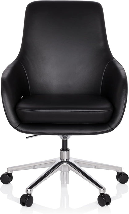 hjh OFFICE Bareno 600980 loungestoel, echt leer, zwart, hoogwaardige draaistoel, comfortabel gevoerd
