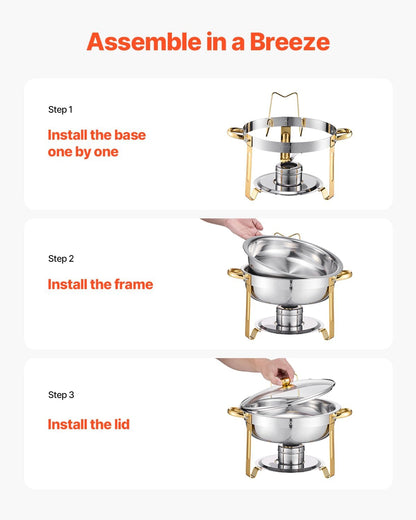 Chafing Dish Buffetset Goud – Buffetwarmer – Warmhoudschaal – Buffetchafer – Catering Warmer – 4-Delige Set – 5 Qt / 4,7 Liter – RVS