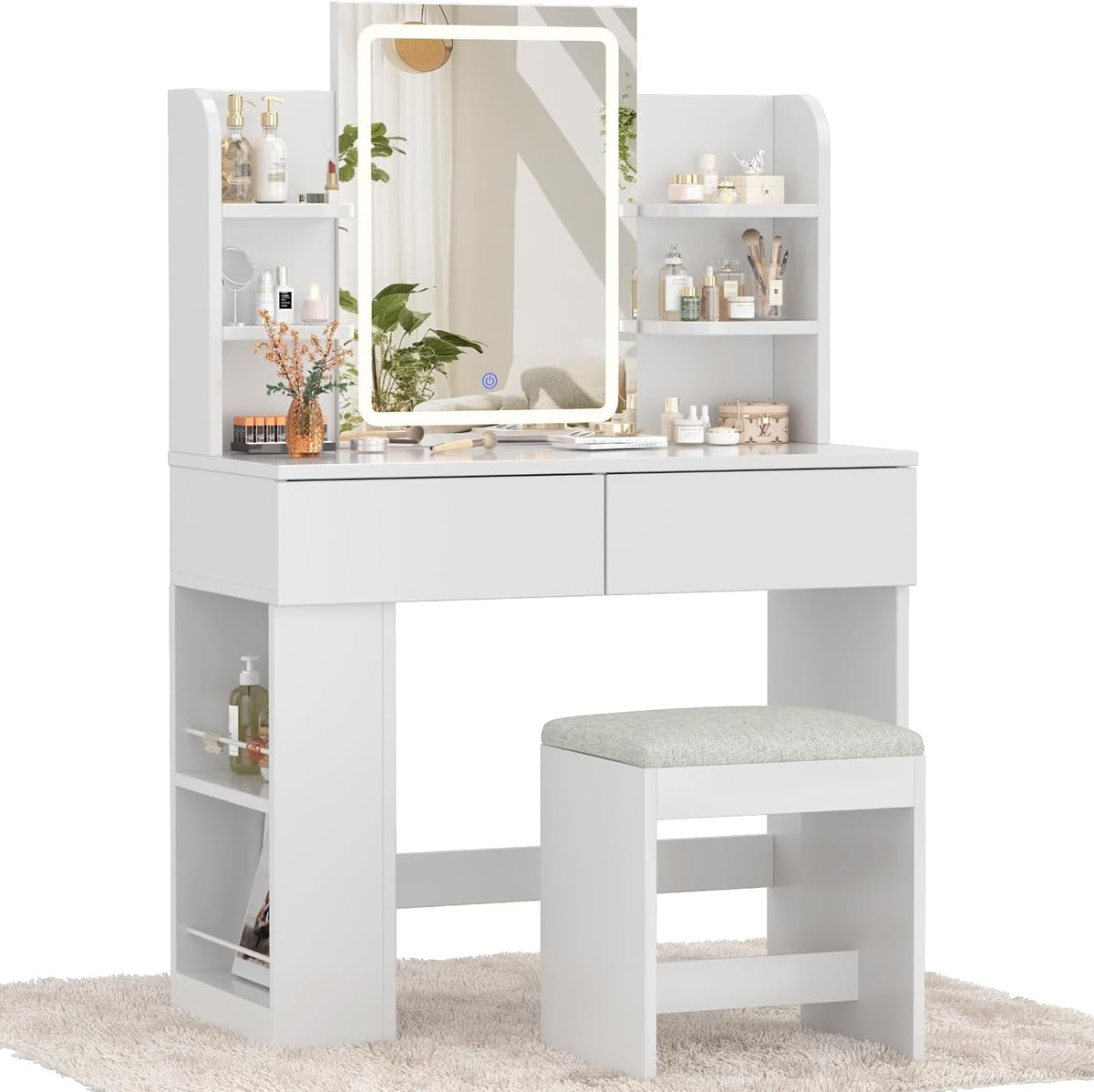 Devoko Dressing Table with Mirror and Lighting,Adjustable Brightness,Makeup Table with Stool,2 Drawers,4 Shelves,Modern Makeup Desk for Bedroom and Dressing Room, 90 x 40cm(White and White) - QUORE