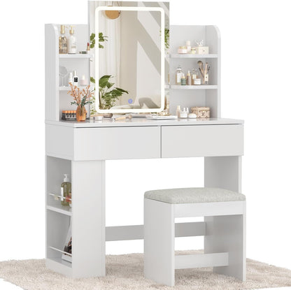 Devoko Dressing Table with Mirror and Lighting,Adjustable Brightness,Makeup Table with Stool,2 Drawers,4 Shelves,Modern Makeup Desk for Bedroom and Dressing Room, 90 x 40cm(White and White) - QUORE