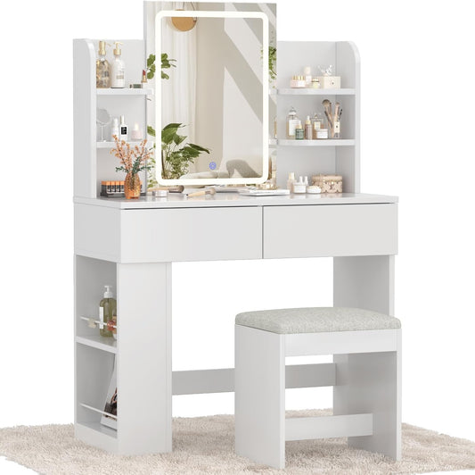 Devoko Dressing Table with Mirror and Lighting,Adjustable Brightness,Makeup Table with Stool,2 Drawers,4 Shelves,Modern Makeup Desk for Bedroom and Dressing Room, 90 x 40cm(White and White) - QUORE