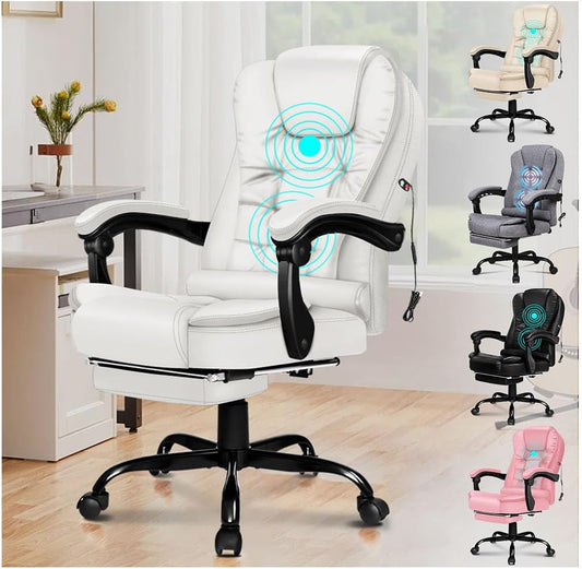 ALFORDSON Office Chair, Manager Chair, 2-Point Massage, PU Leather, with Footrest, Headrest and Lumbar Support, White - QUORE