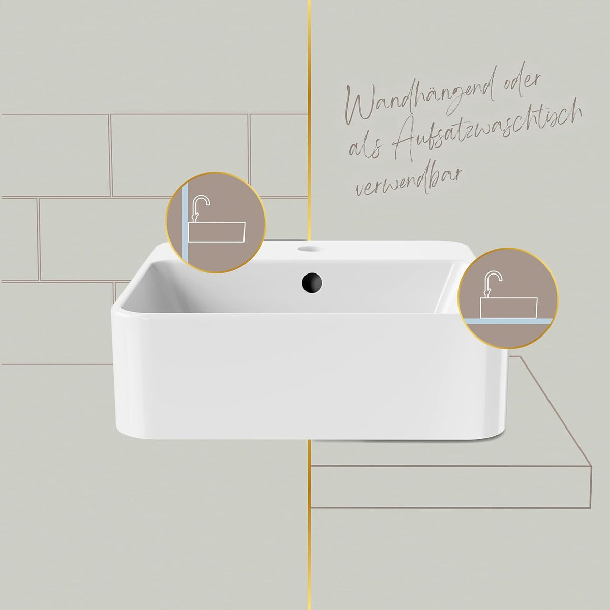 Lenz Handwastafel VALEA voor gastentoiletten en kleine badkamers, 40 cm x 38,5 cm, hangend aan de muur of als opzetwastafel, superglad KeepClean oppervlak, met overloop, wit, 41010161