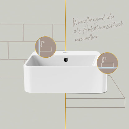 Lenz Handwastafel VALEA voor gastentoiletten en kleine badkamers, 40 cm x 38,5 cm, hangend aan de muur of als opzetwastafel, superglad KeepClean oppervlak, met overloop, wit, 41010161
