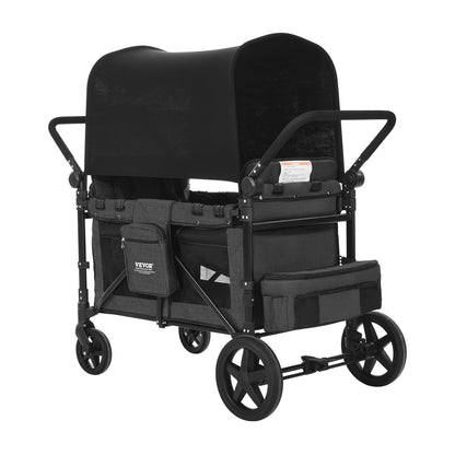 VEVOR Wagon Kinderwagen voor 4 kinderen, Push Pull Quad Opvouwbare Kinderwagen met Verstelbare Handvat, Veiligheidsharnas & Afneembare Luifel, 4-zits Kinderwagen voor Camping, Donkergrijs & Zwart (350