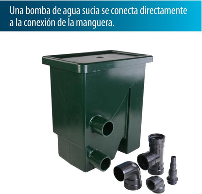 AquaForte CompactSieve, 49 x 32 x 55 cm, zebelement 40 x 24 cm en doorlaat 300 micron, max. vermogen 15 m³/uur, pompingang 3 kranen 25/32/40 mm slangaansluiting, af- en overloopbeveiliging 75 mm