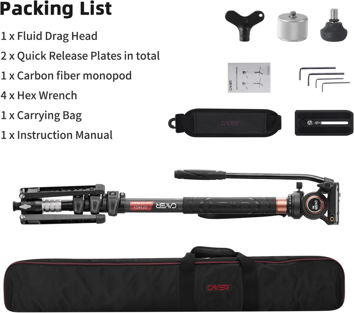 Cayer CF34DVH4 Professionele Video Monopod voor 71 "Carbon Fiber Telescopische Camera met Swivel Head en Tripod Base voor DSLR Camcorders Camcorders