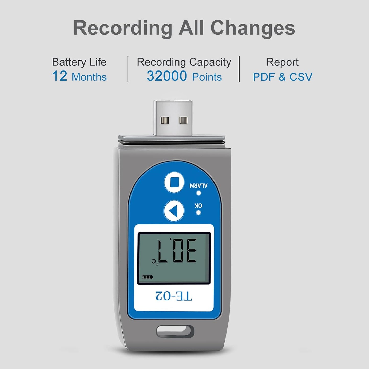 ThermElc Datalogger met USB-temperatuur, multifunctionele temperatuurlogger met PDF-rapporten, 32000 punten lezen, lange batterijduur, temperatuurgegevensrecorder voor verzending/opslag/transport
