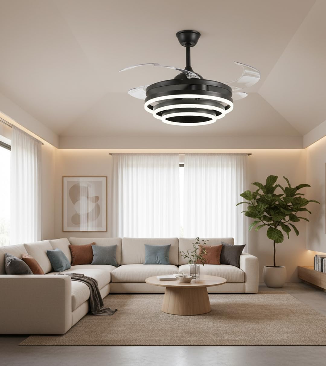 BEL AIR HOME - SFERA Plafondventilator met DC-motor en LED-verlichting 36W - Instelbare kleurtemperatuur 3000K, 4000K, 6500K - Inclusief afstandsbediening, Zwart, Blanco Y Gris