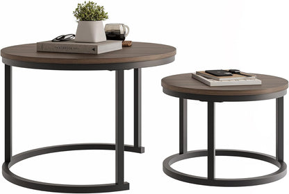 HOJINLINERO Set van 2 ronde nestels, stapelbank, bijzettafel, voor woonkamer, slaapkamer, kantoor, balkon, appartement (walnoot)