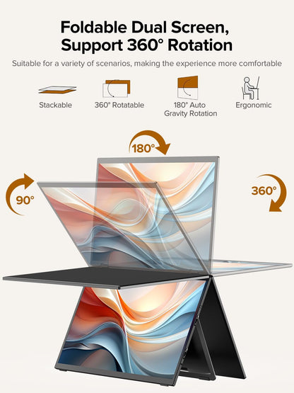 UPERFECT Delta 15.6" Dual Portable Monitor for Laptop Screen Extender 1080P HDR 360° Folding Stacked Triple Monitor with Stand for Laptop PC Phone Game Console (No Driver Needed) - QUORE