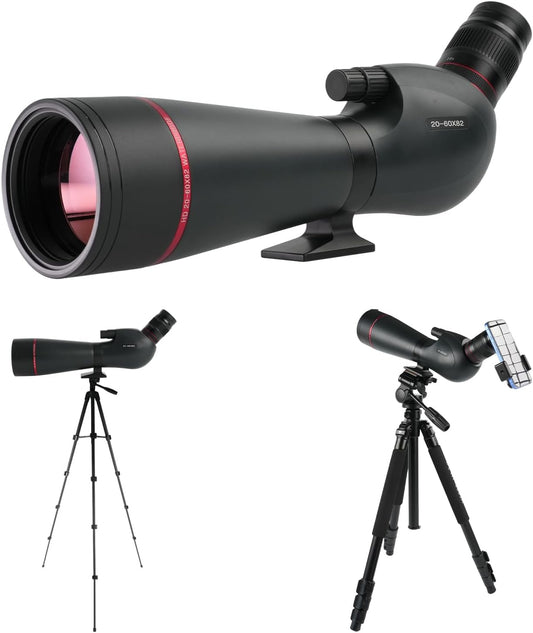Ultra HD 20-60 x 82 telescoop, FMC-lens, BAK4-prisma, IPX7 waterdicht, met statief, tas en adapter, voor vogels spotten, wilde dieren observeren en schietoefeningen