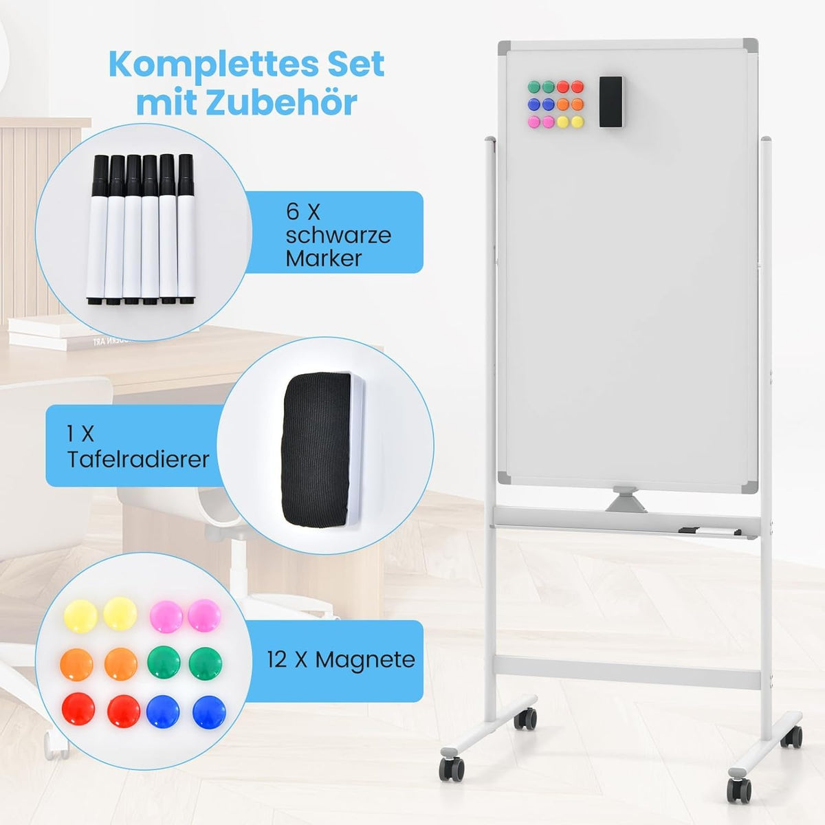 FANTASK Dubbelzijdig mobiel whiteboard, 60 x 100 cm, in hoogte verstelbaar magnetisch whiteboard met wieltjes, standaard en pennenbakje, incl. accessoires voor school, kantoor, thuis (wit)