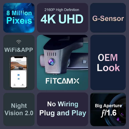 FITCAMX Dash Cam Compatibel met Volkswagen ID.4 / ID.5 / Audi Q4 e-tron 2022-2026, 4K OEM WiFi-rijrecorder, UHD 2160P nachtzicht, parkeermonitor, G-sensor, met 64GB geheugenkaart
