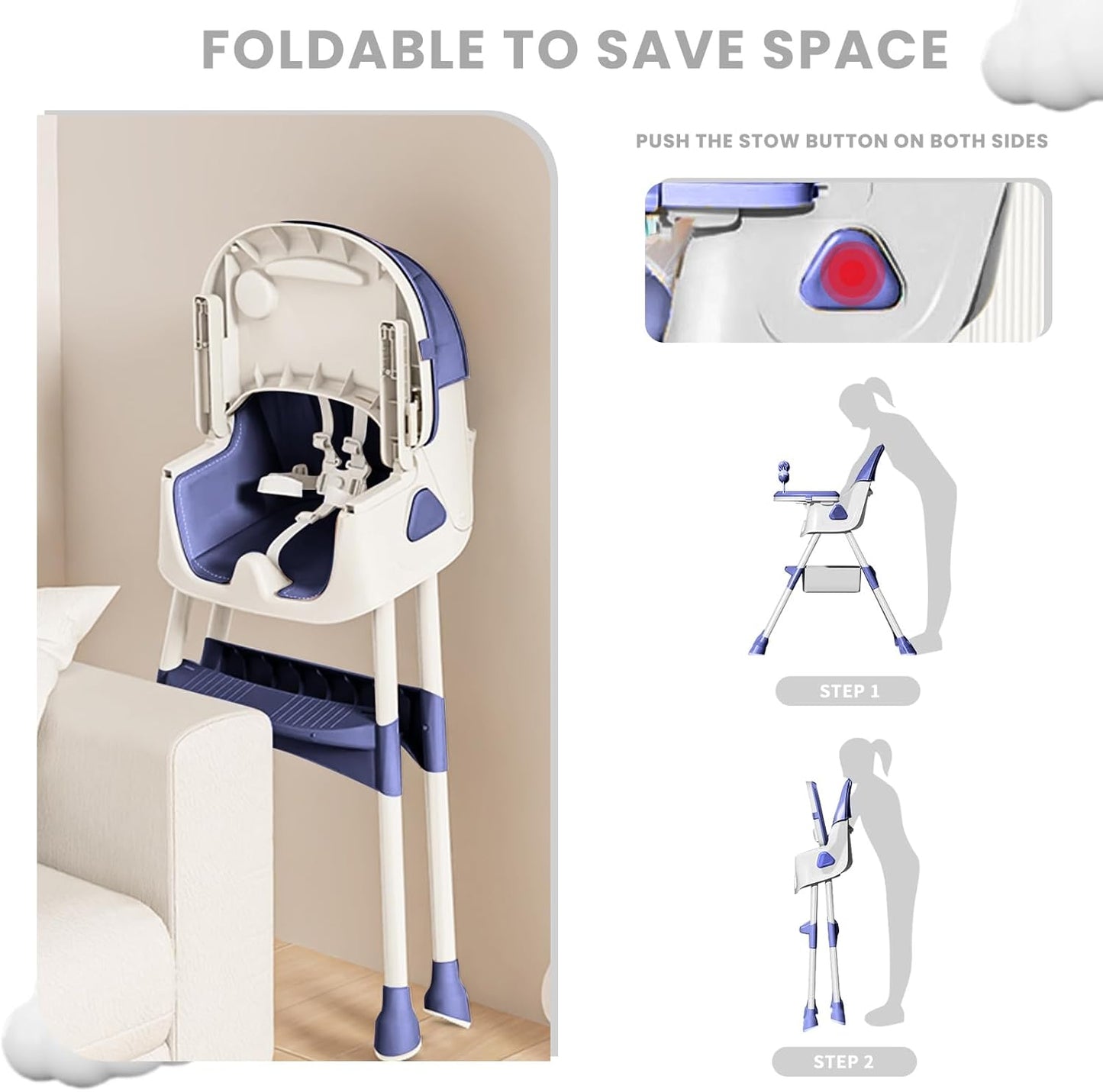 Opvouwbare Kinderstoel - Met Grote Antislipmat en Speelgoedrek - 6 Maanden en Ouder - Donkerblauw