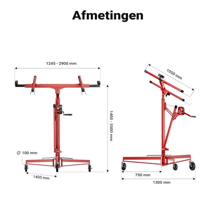 Wiltec platenlift XXL voor gipsplaten en panelen, platenwagen met 1-persoons-bediening, paneellift in rode kleur tot 68 kg draagvermogen en verstelbare armen tot 290 cm