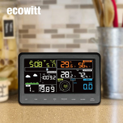 Ecowitt Weerstation met wifi, professioneel digitaal weersvoorspellingsstation met groot kleurendisplay, 7-in-1 sensor, werkt op zonne-energie, voor binnen, 3-in-1, geïntegreerde sensor, WS2910