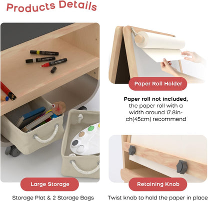 BanaSuper Verstelbare kinderezel met dubbel magnetisch oppervlak, whiteboard en whiteboard, kunstschildersezel voor kinderen, stille wielen, EN71-gecertificeerd en opbergtas