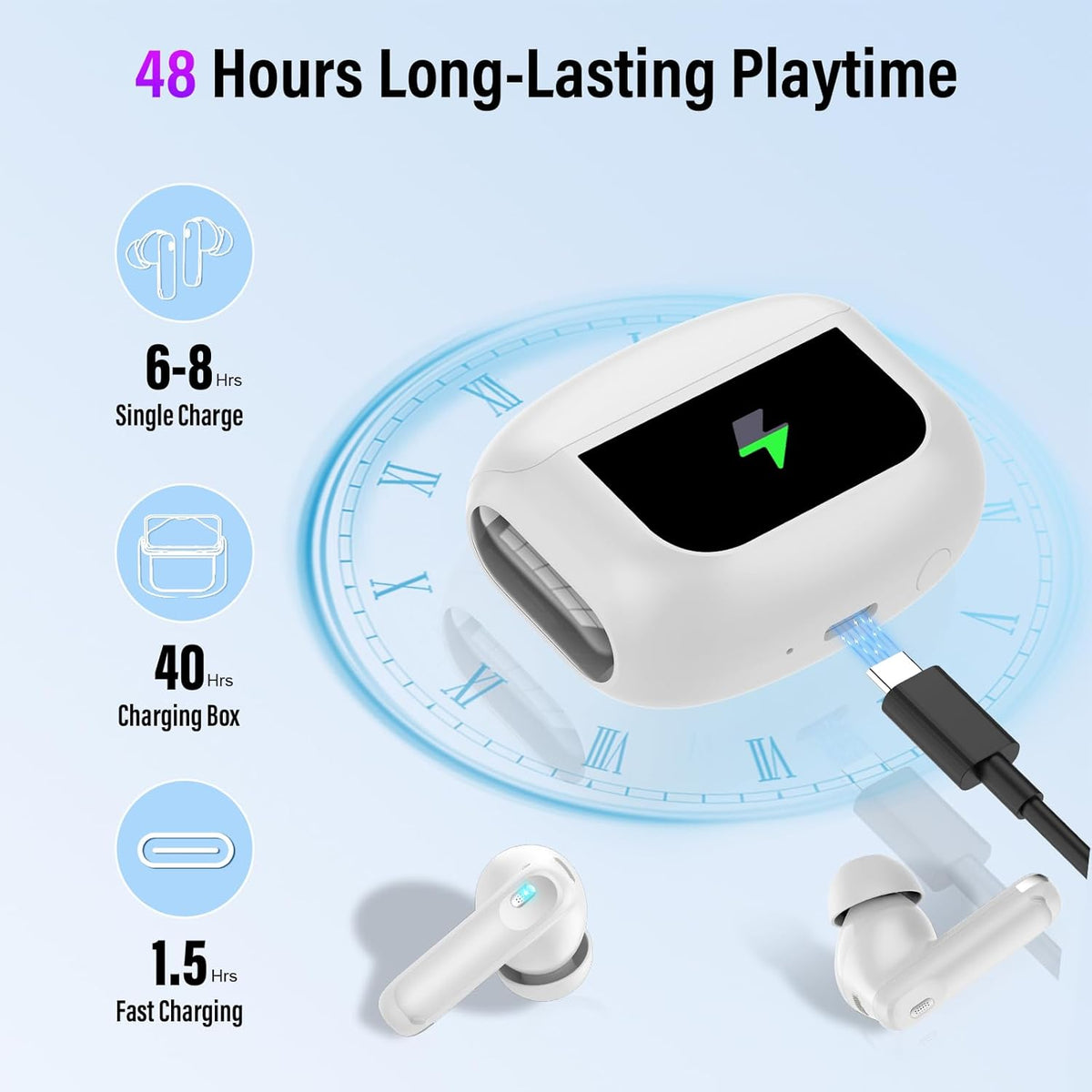 Touchscreen Bluetooth-hoofdtelefoon, in-ear hoofdtelefoon, draadloos, Bluetooth 5.4 met ANC + ENC ruisonderdrukkende microfoon, 48 uur diepe bas, oordopjes met 5 EQ-modi, IP7 waterdicht, wit