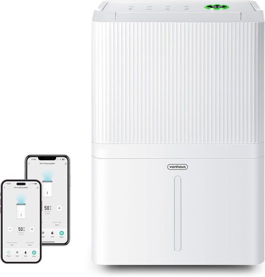 VonHaus Elektrische luchtontvochtiger, met app en wifi, 30 l/24 u, ontvochtiger voor kelder, luchtontvochtiger, 44 dB voor ruimtes van 140 m³/40 m², met slaapmodus, timer en afvoerslang, voor Alexa en