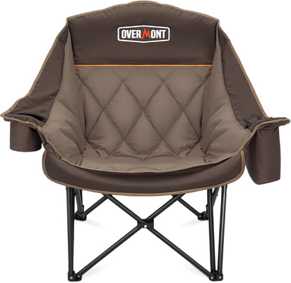 OVERMONT Extra grote inklapbare campingstoel, campingsofa, belastbaar tot 204 kg, opvouwbare campingstoel, gevoerd met bekerhouder, koeltas, hoge rugleuning, voor outdoor, indoor, camping, tuin, kaki