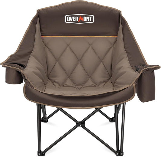 OVERMONT Extra grote inklapbare campingstoel, campingsofa, belastbaar tot 204 kg, opvouwbare campingstoel, gevoerd met bekerhouder, koeltas, hoge rugleuning, voor outdoor, indoor, camping, tuin, kaki