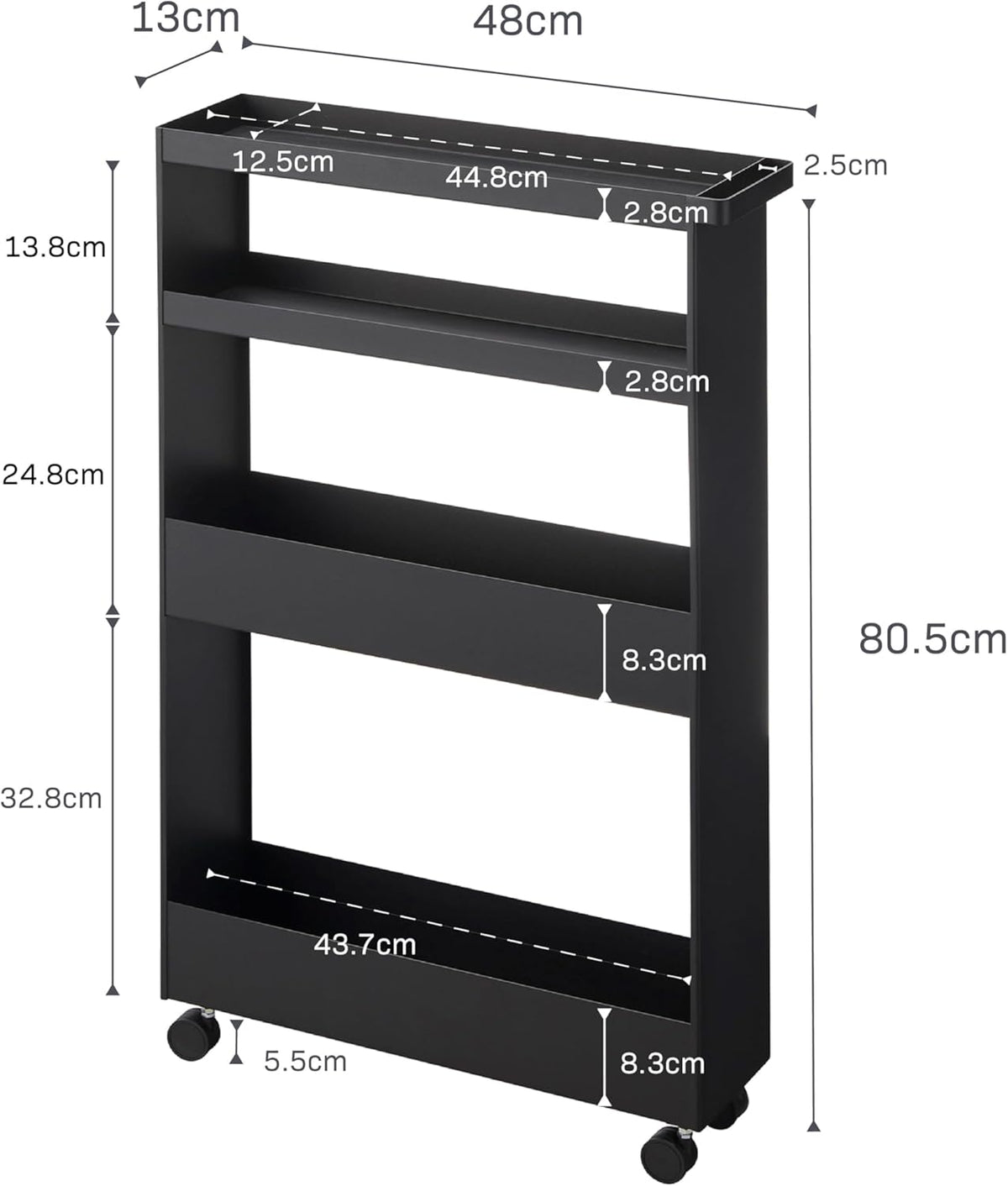 Yamazaki 1807 TOWER Slim 4~Tiered Storage Cart, black, Steel/Nylon, 13 x 48 x 80.5 cm