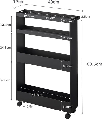 Yamazaki 1807 TOWER Slim 4~Tiered Storage Cart, black, Steel/Nylon, 13 x 48 x 80.5 cm