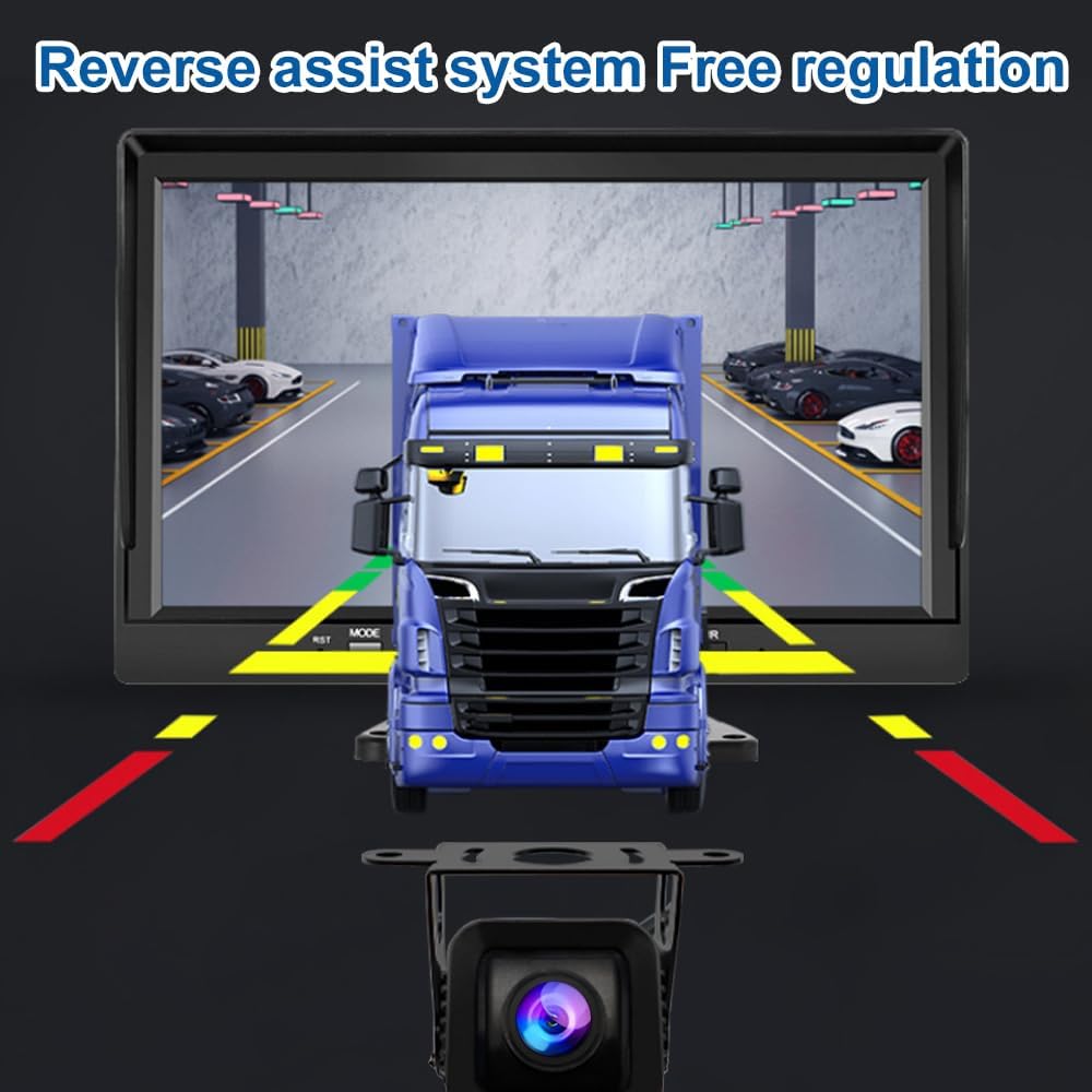 OBEST Achteruitrijcamera en monitorset, 7 inch, 4-kanaals gedeelde beeldscherm, rijopnamefunctie, 4-weg bewaking, achteruitrijbeeld, waterdicht nachtzicht, geschikt voor 9-36 V