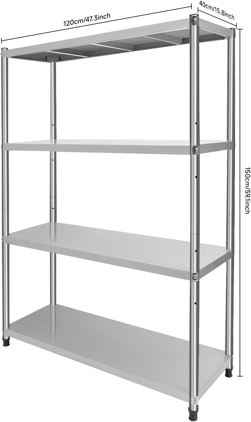 RVS Opslagrek – Metaalrek – Stellingkast – Garage Rek – Kelderrek – 4 Planken – Draagkracht 50 kg – 120x40x150 cm – Roestvrijstaal
