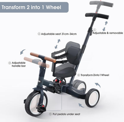 newyoo Tricycle 5 en 1, draisienne à partir de 1 an, avec barre de poussée, pour enfants à partir de 1, 2, 3 ans, avec pédales amovibles et siège réglable, Donkergrijs