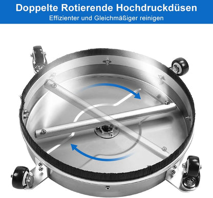 Hogedrukreiniger – Oppervlaktereiniger – Drukspuit – Terrasreiniger – Reinigingsmachine – Roestvrij Stalen Constructie – Twee Roterende Sproeiers – 2000-4000 PSI – Vier Wielen – 2 Verlengstaafopzetstukken