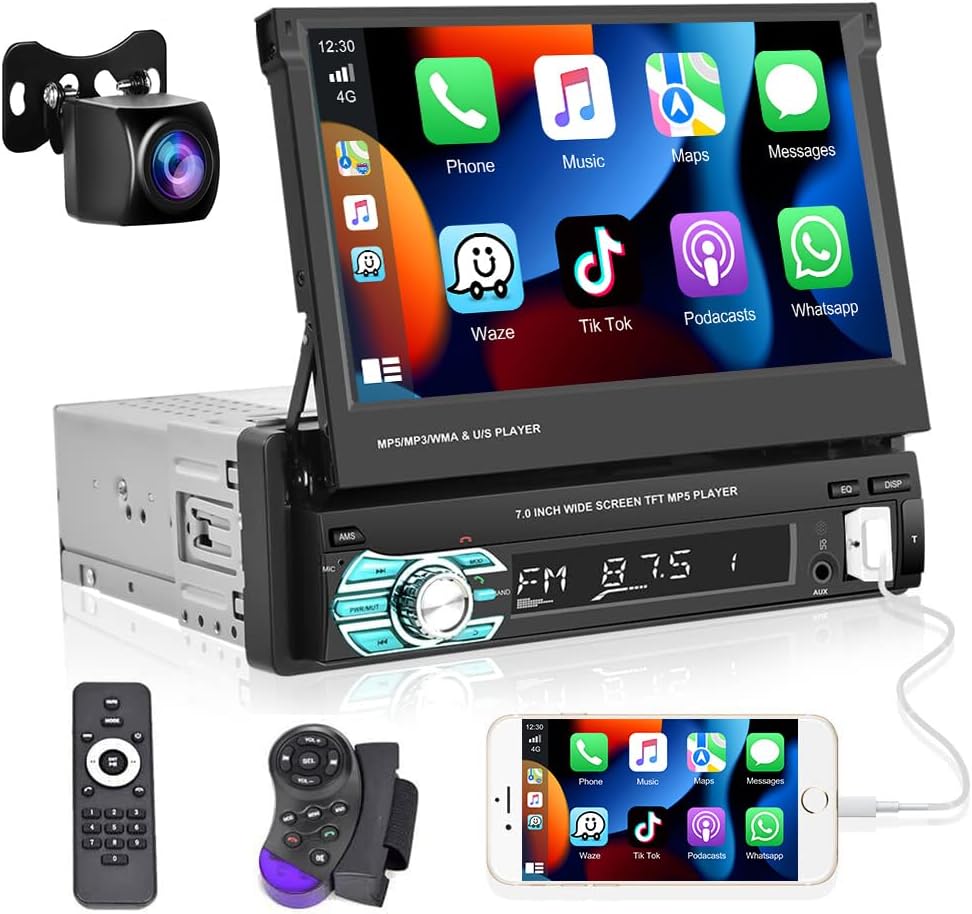 Podofo Autoradio 1 DIN Bluetooth Touchscreen Stereo Radio met Apple Carplay Android Auto, 7 Inch Opvouwbare Touchscreen Autoradio met FM Radio/Spiegellink + AHD Achteruitrijcamera