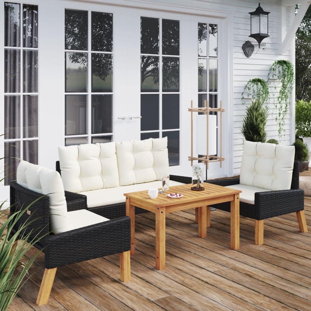vidaXL 4-Piece Lounge Set with Cushions Poly Rattan and Solid Wood, Garden Set, Lounge Set, Garden Loungeset, Garden Set, Lounge Set, Garden Furniture Set - QUORE