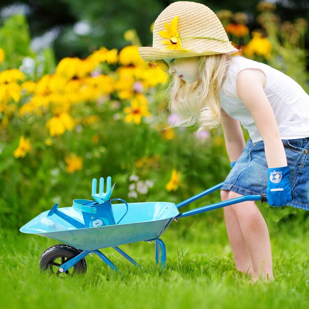 Kruiwagen - Kruiwagen voor Kinderen - 5 Stuks - Tuinset - met Schop - Hark - Vork - Kinderhandschoenen - Lichtgewicht - Gemakkelijke Assemblage - Duurzaam - Metaal - 73.6 x 35.5 x 43 cm - Blauw