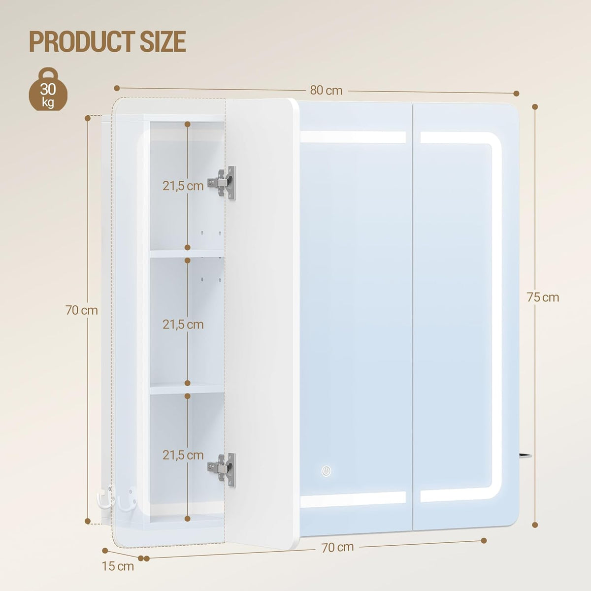 Hzuaneri Mirror Cabinet for Bathroom with LED Lighting, Mirror Cabinet for Bathroom, 3 Light Colours Adjustable, HD Mirror 16.5 x 75 x 80 cm White MC30003XEU